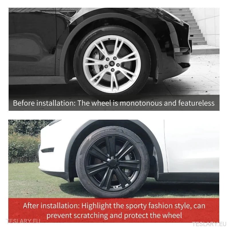 TESLA MODEL Y 19" BLADE STYLE FULL COVER WHEEL HUBS -TESLARY.IE Tesla Shop Europe