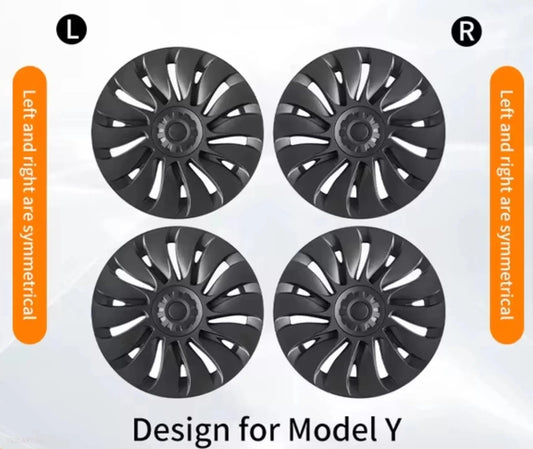 Tesla Model Y 19" Full Coverage Storm Wheel Covers in Gun Metal Grey on vehicle wheel, showcasing sleek design and fit