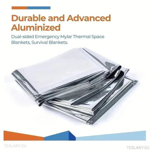 Emergency Thermal Blankets - Outdoor Survival hero product shot showing the dual-sided PET/aluminium blanket  -  Teslary Tesla Accessories Online Shop