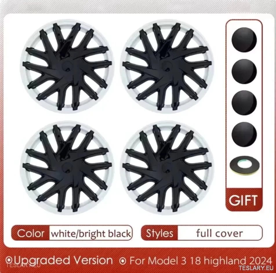 18" Tesla 3 Highland Full Rim Bright Black / White Wheel Cover - TESLARY Tesla Shop Accessories Europe Nederlands Ireland Deutschland Espana Alicante France Italia