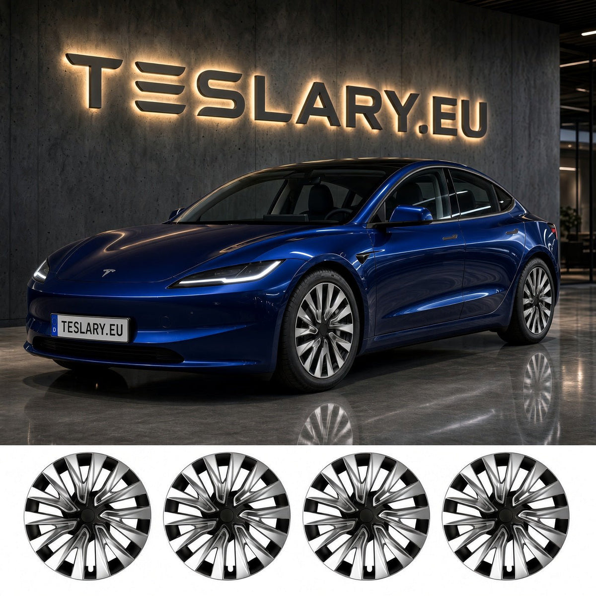 A blue Tesla Model 3 Highland shown in a showroom with a large TESLARY.EU sign on the wall behind it. TESLA MODEL 3 HIGHLAND NOVA WHEEL COVERS PERFORMANCE HUB CAPS BUY FROM IRELAND AND EUROPES TESLARY.EU WITH FREE DELIVERY ACROSS EUROPE WITH FEDEX