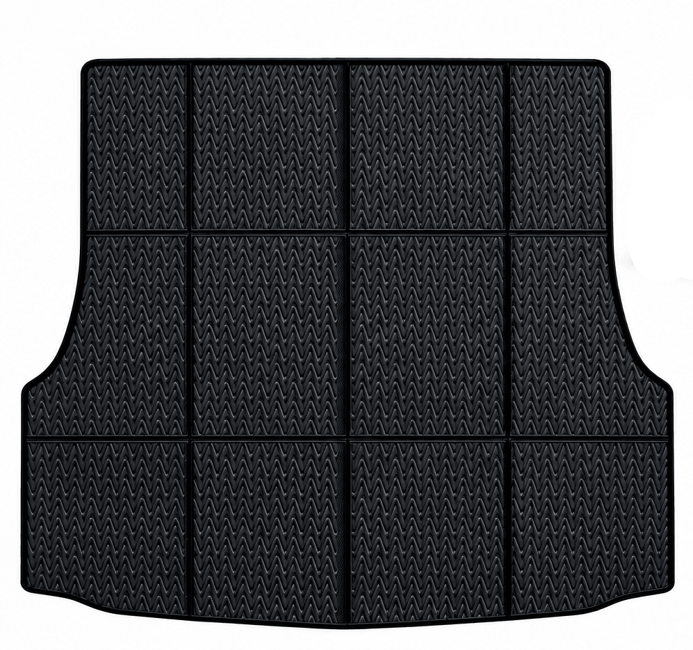 A black cargo liner with a textured grid pattern, shown next to a blue Tesla Model S with text reading 'Cargo liners For Model S' on a white background.