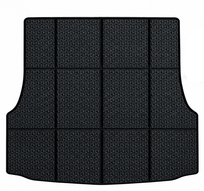 A black cargo liner with a textured grid pattern, shown next to a blue Tesla Model S with text reading 'Cargo liners For Model S' on a white background.