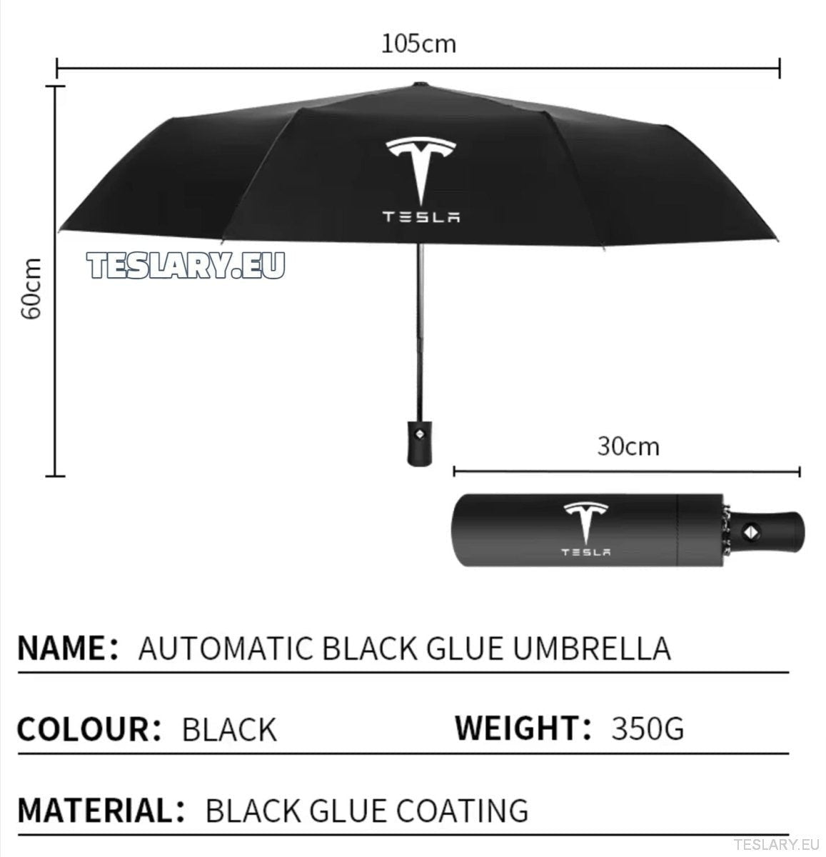 Black Wind & Rain Resistant Umbrella with Tesla Logo - TESLARY Tesla Shop Accessories Europe Nederlands Dublin Cork Ireland Deutschland Espana Alicante France Italia