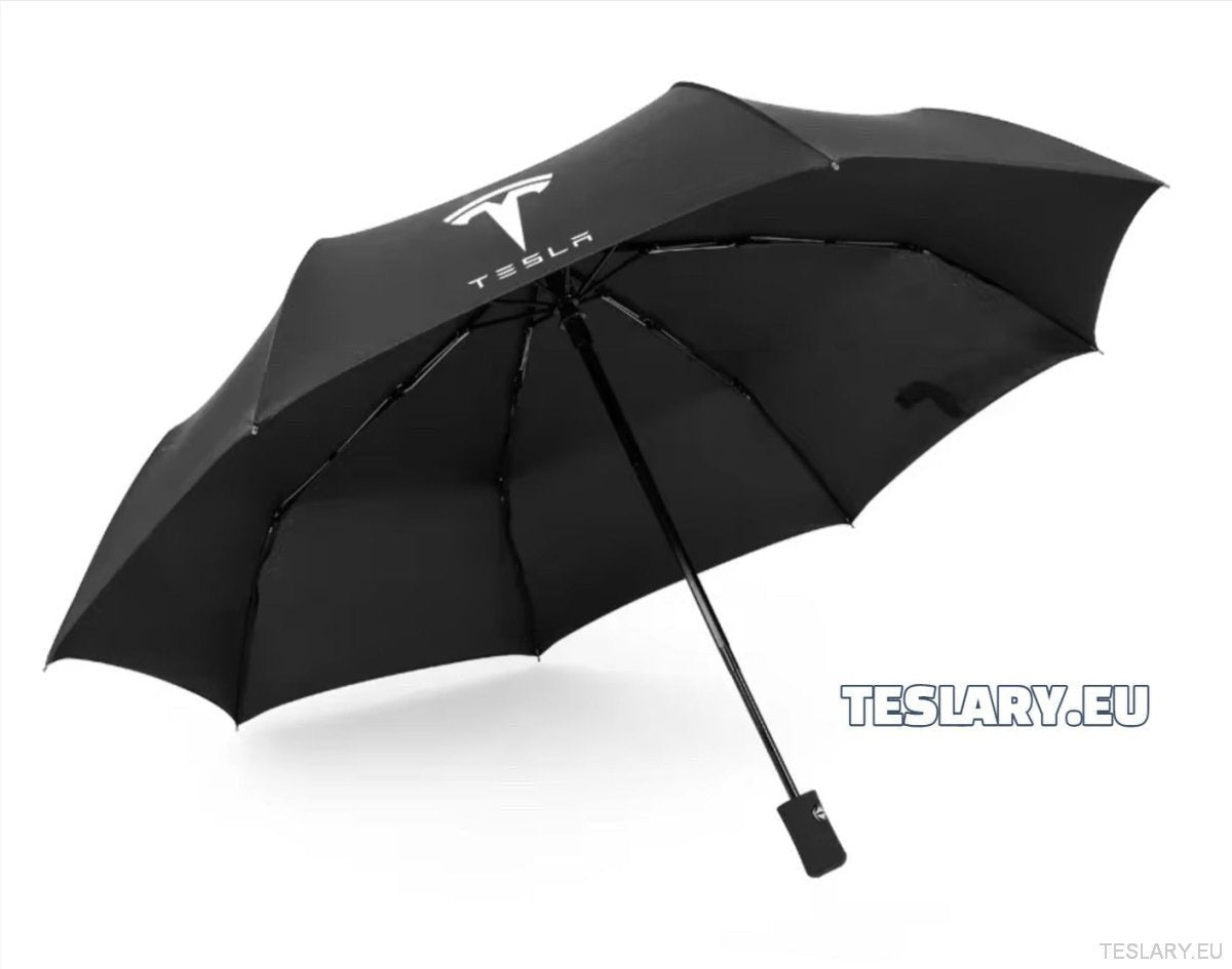 Black Wind & Rain Resistant Umbrella with Tesla Logo - TESLARY Tesla Shop Accessories Europe Nederlands Ireland Deutschland Espana Alicante France Italia