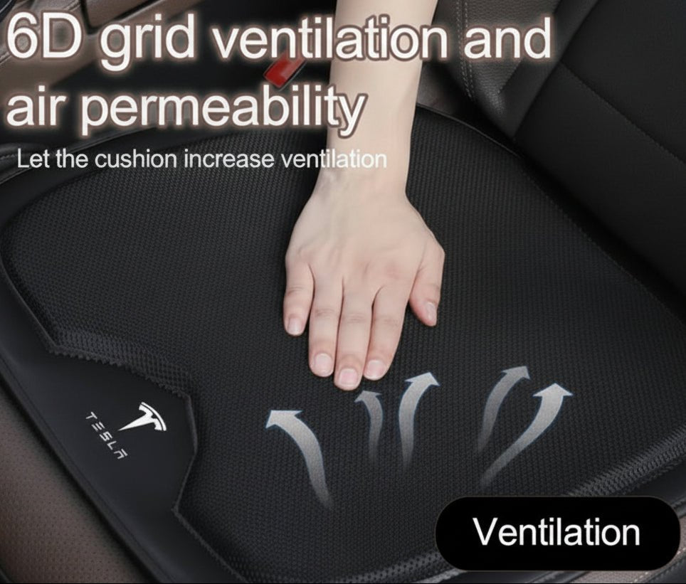 Car seat cushion with 6D grid ventilation and air permeability, showing a hand on it.