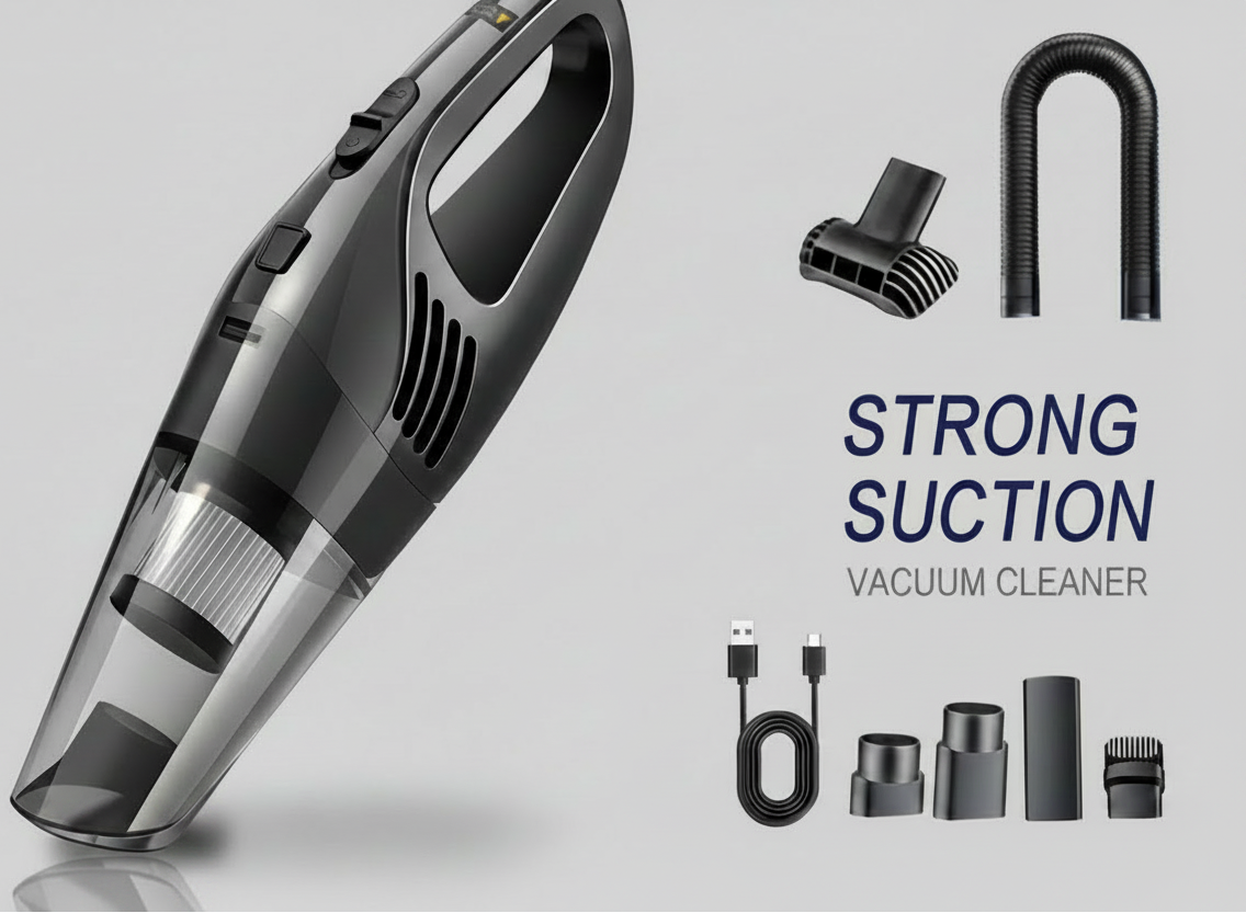 Car Vacuum Cleaner, Handheld Vacuum Cleaner with 6000PA Super Strong Suction, 1800mAh Large Capacity, Low Noise, with Five Matching Accessories for Car Interior Care, Home And Pet Cleaning, Ideal Accessory for your Tesla