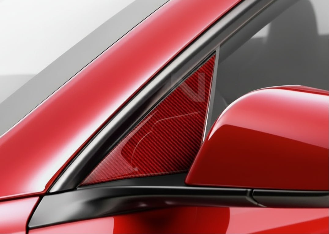 Carbon Fiber Exterior Side Mirror Trim Panel Cover For Tesla Model 3 Highland in Black or Red - TESLARY Tesla Shop Accessories Europe Nederlands Dublin Cork Ireland Deutschland Espana Alicante France Italia