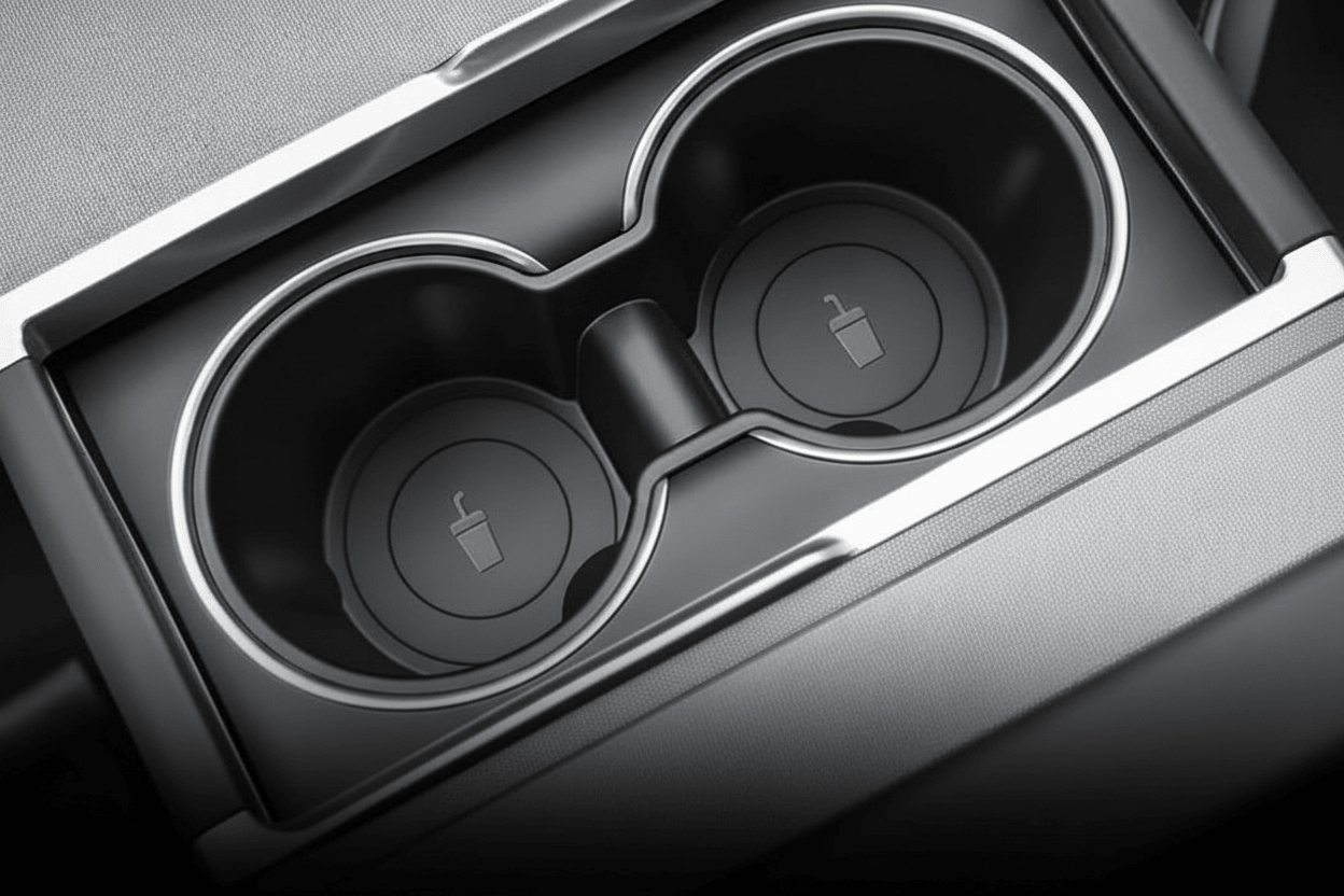 Centre Console Dual Cup Insert for Tesla Model 3+ Highland and Model Y+ Juniper Premium Black Soft Plastic - TESLARY Tesla Shop Accessories Europe Nederlands Dublin Cork Ireland Deutschland Espana Alicante France Italia