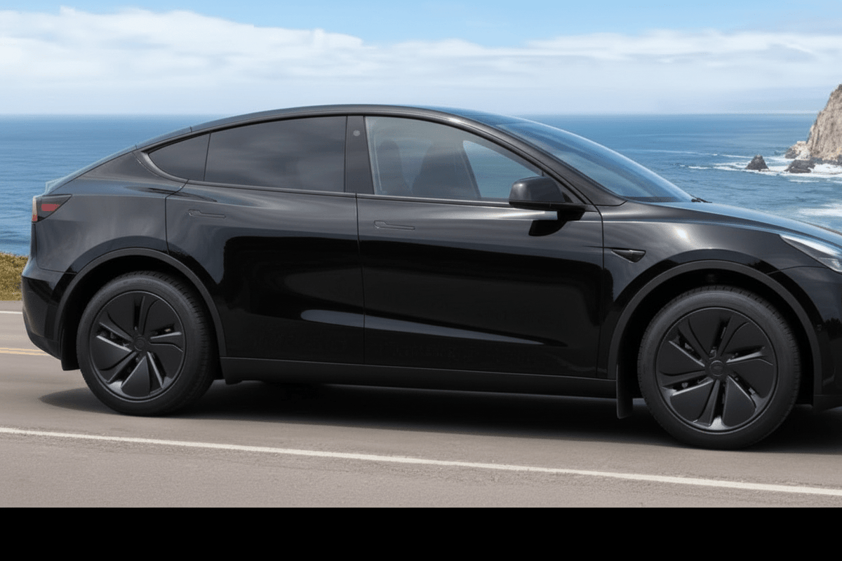 A red Tesla Model Y SUV parked on a coastal road with the ocean and rocky cliffs visible in the background.