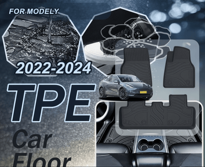 A collage-style product listing graphic for TPE car floor mats, showing several black rubber floor mat cutouts, a gray car, and large text reading 'FOR MODELY 2021-2022 TPE Car Floor Mats'.
