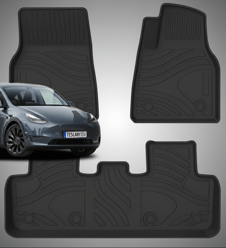 Four black rubber car floor mats shown against a pale gray background, with a dark gray car partially visible behind one mat to indicate fitment. No visible brand markings are present.