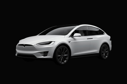 Tesla Model X white on black background from the front sideways
