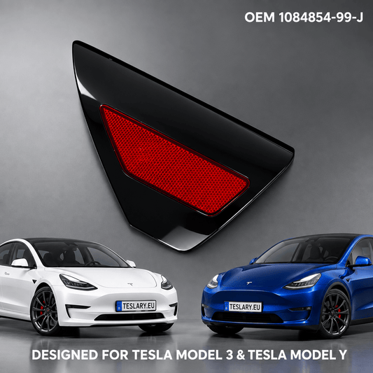 A glossy black triangular automotive light cover with a red lens insert, shown against a gray gradient background with two Tesla cars below and text indicating it is designed for Tesla Model 3 and Tesla Model Y. Tesla-Model-Y-3-replacement-charger-port-door-1084854-99-J-ccs-nacs-buy-from-ireland-europes-teslary