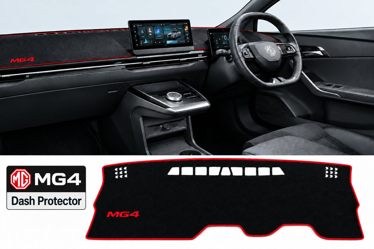 Black car interior dashboard mat shown installed inside a vehicle cabin, with a separate flat view of the mat labeled 'A R H D Red Side' at the bottom left.