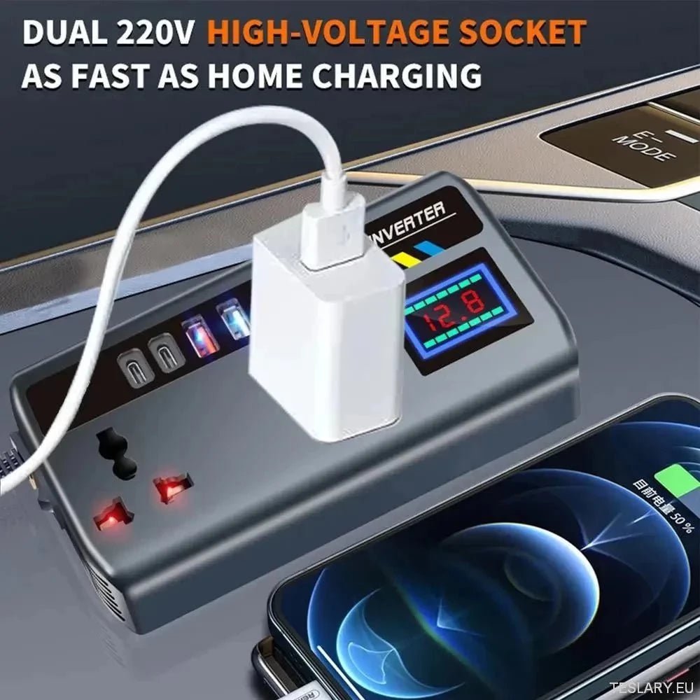 Multiport Car Power Inverter: 12V/24V to 220V with 9 Charging Ports - EV Compatible - TESLARY Tesla Shop Accessories Europe Nederlands Ireland Deutschland Espana Alicante France Italia