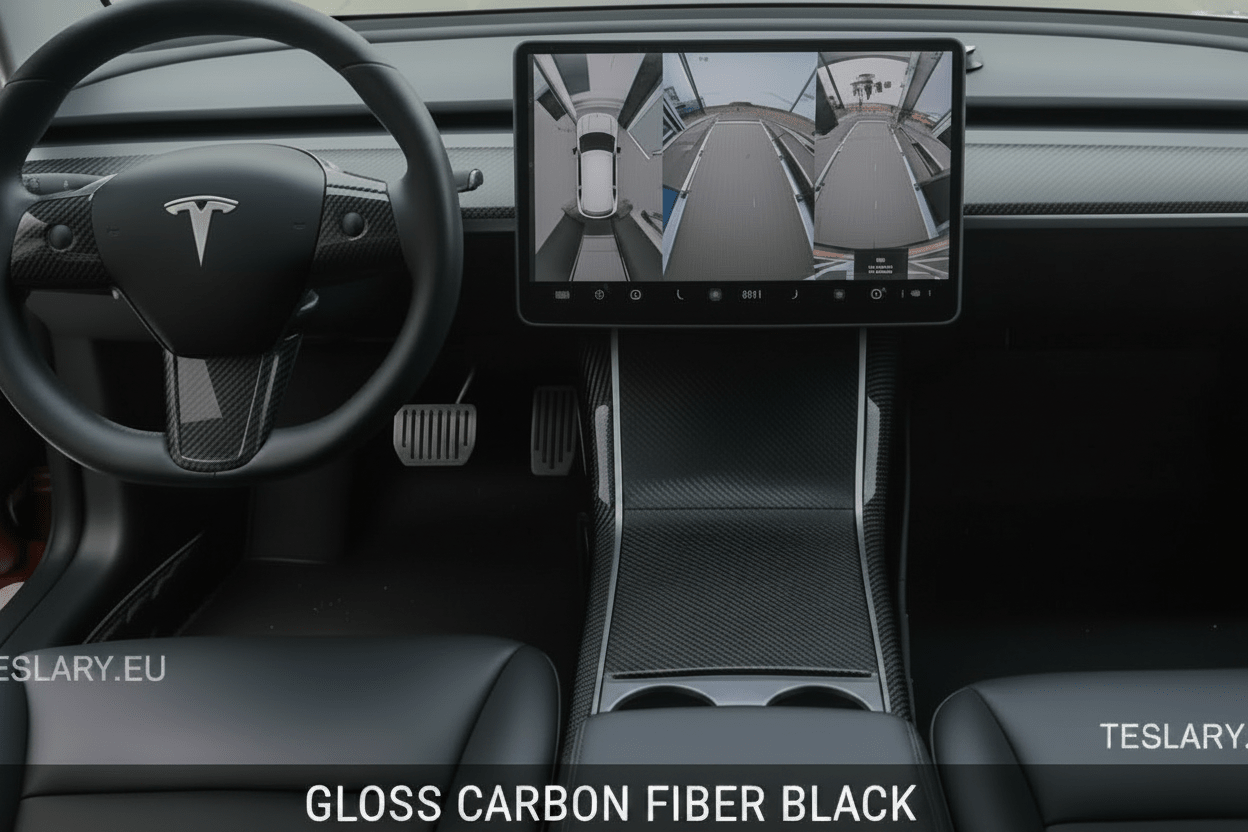 A Tesla vehicle interior showing the dashboard, steering wheel with the Tesla logo, center console, and a large infotainment screen displaying a 3D car view. Text at the bottom reads 'GLOSS CARBON FIBER BLACK' and 'TESLARY.