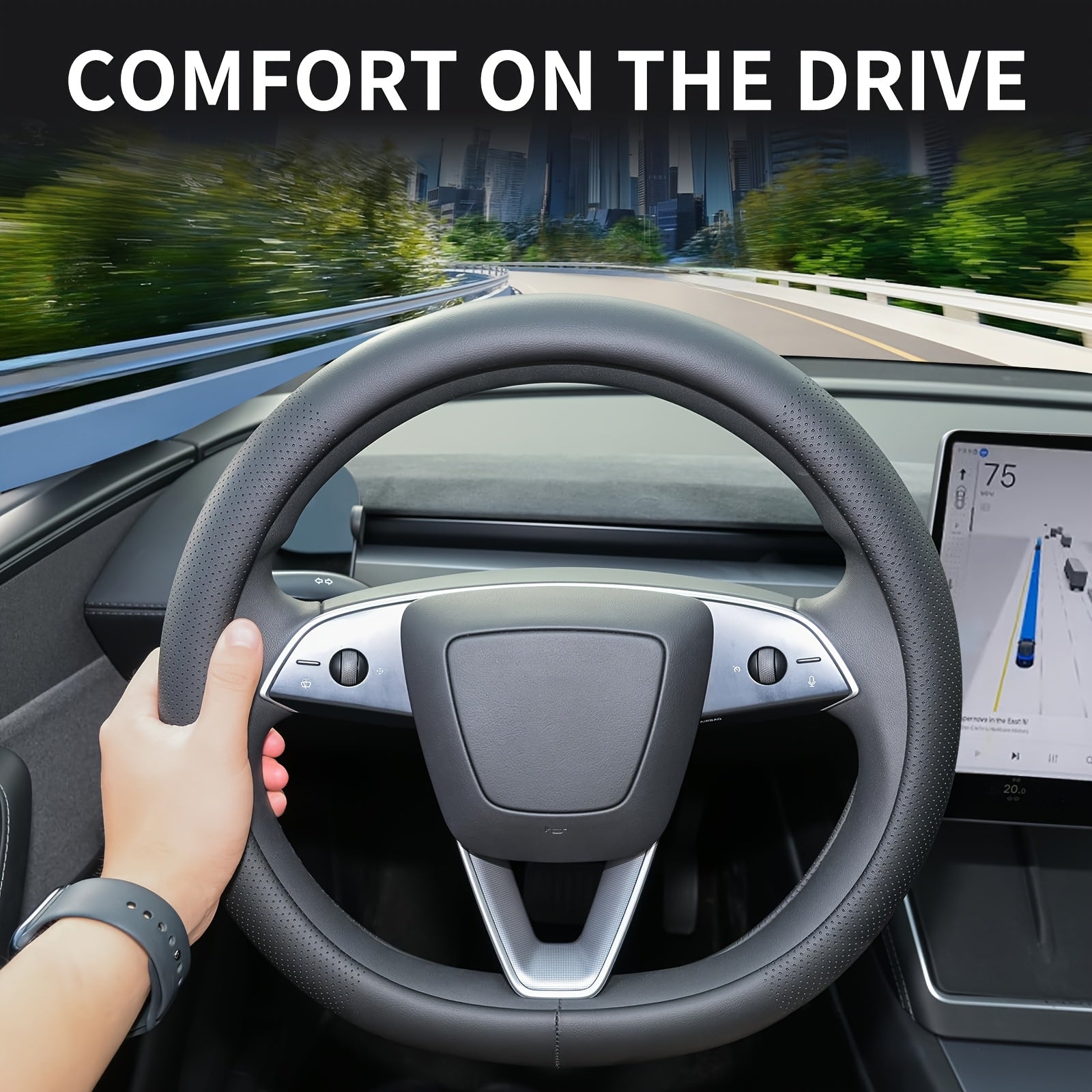 Nappa Leather Steering Wheel Protective Cover Breathable Design for Tesla Model 3Y and Model 3 Highland  Model Y Juniper