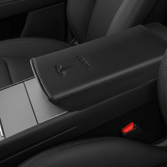 PU Leather Premium Armrest Cover with Logo for The Console Designed for Tesla Model 3+ Highland & Model Y+ Juniper - TESLARY Tesla Shop Accessories Europe Nederlands Dublin Cork Ireland Deutschland Espana Alicante France Italia
