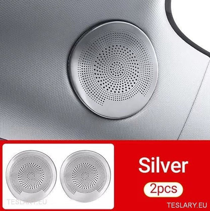 Tesla 3/Y Interior Front Circular Speaker Cover Silver ( PAIR ) - TESLARY Tesla Shop Accessories Europe Nederlands Dublin Cork Ireland Deutschland Espana Alicante France Italia