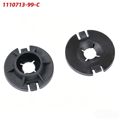 An automotive parts diagram showing a black circular component labeled 1110713-99-C, with a line drawing of a vehicle body panel indicating mounting locations marked with red circles. TESLA_111071399C_BUY_FROM_EUROPES_TESLA_ACCESSORIES_SPECIALISTS_TESLARY.EU_TESLARY.IE_TESLARY.PT_TESLARY.ES_TESLARY.NL_TESLARY.FR