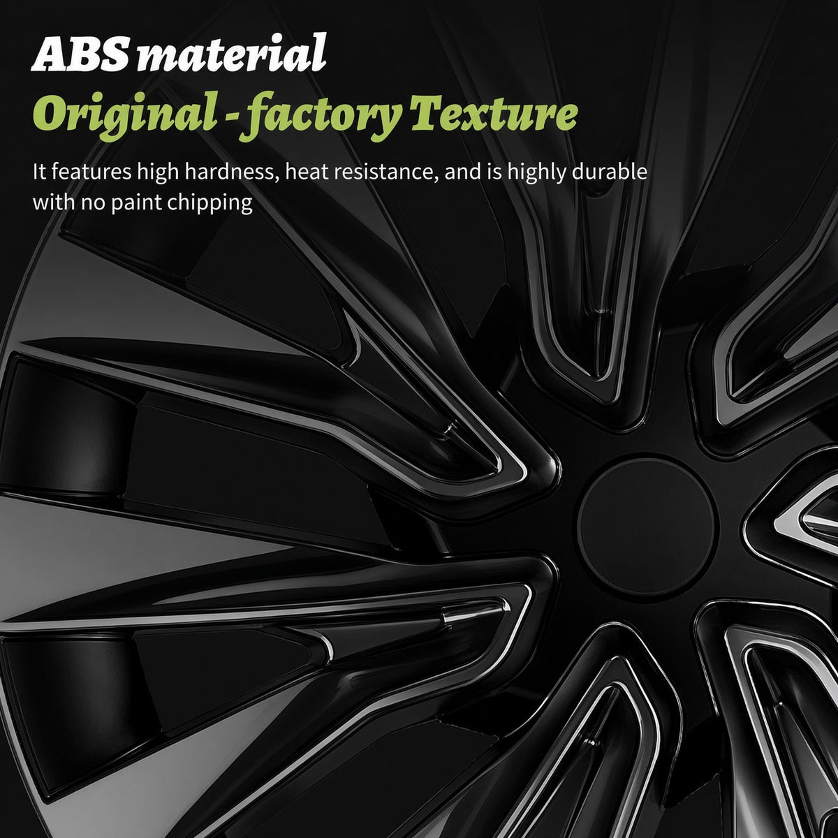 Close-up of a glossy black alloy wheel rim with text overlay reading 'ABS material Original - factory Texture' and descriptive copy about hardness and durability. TESLA MODEL 3 HIGHLAND 18 INCH WHEEL COVERS UBER NOVA PERFORMANCE STYLE GLOSS BLACK FREE DELIVERY WITH FEDEX ACROSS EUROPE FROM IRELAND AND EUROPES TESLARY.EU THE TESLA ACCESSORIES SPECIALISTS