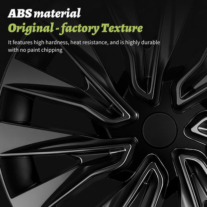 Close-up of a glossy black alloy wheel rim with text overlay reading 'ABS material Original - factory Texture' and descriptive copy about hardness and durability. TESLA MODEL 3 HIGHLAND 18 INCH WHEEL COVERS UBER NOVA PERFORMANCE STYLE GLOSS BLACK FREE DELIVERY WITH FEDEX ACROSS EUROPE FROM IRELAND AND EUROPES TESLARY.EU THE TESLA ACCESSORIES SPECIALISTS