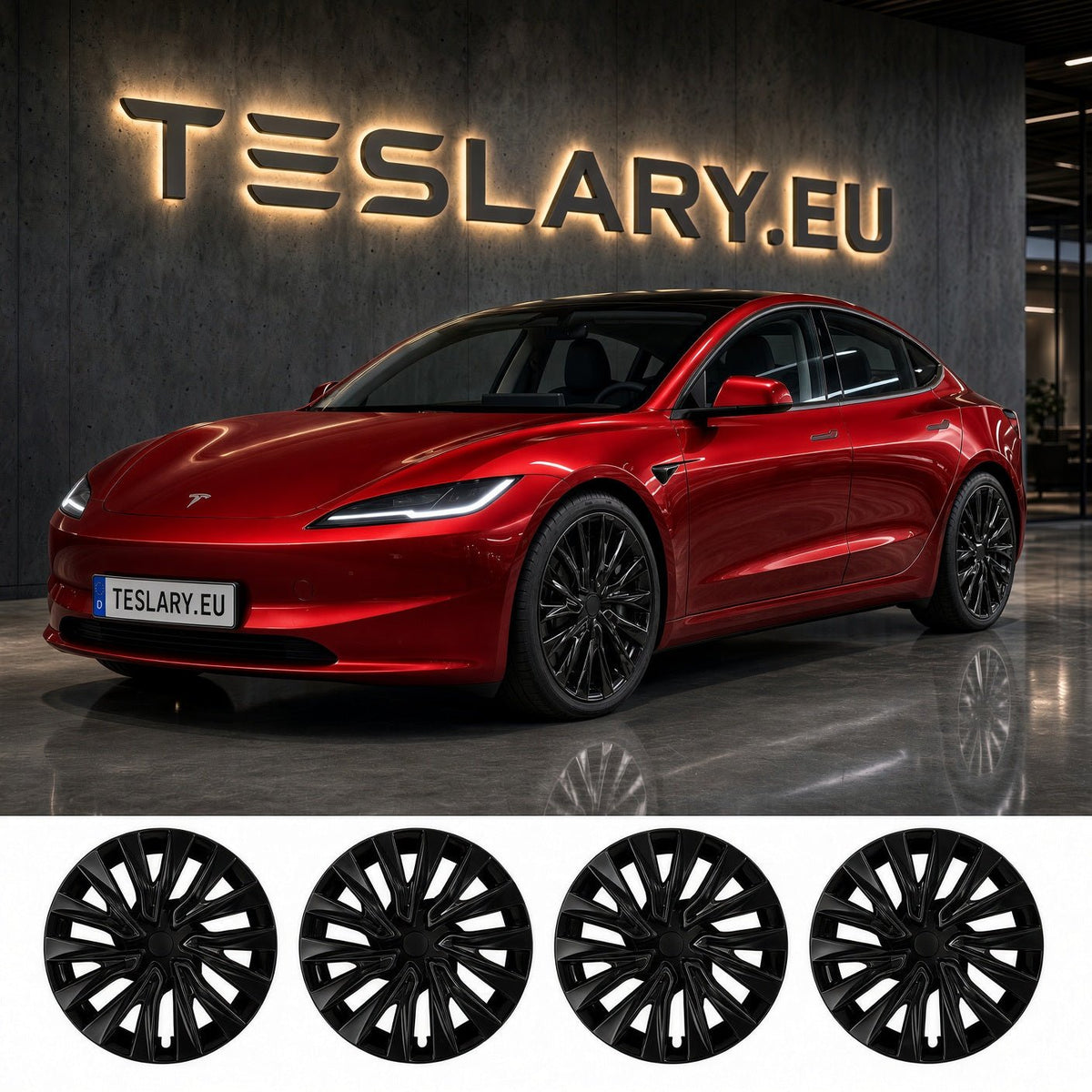 A red Tesla Model 3 shown in a showroom with a large TESLARY.EU sign on the wall behind it, plus four black multi-spoke wheel covers displayed along the bottom on a white background. TESLAR MODEL 3 HIGHLAND 18 INCH WHEEL COVERS UBER NOVA PERFORMANCE STYLE GLOSS BLACK FREE DELIVERY WITH FEDEX ACROSS EUROPE FROM IRELAND AND EUROPES TESLARY.EU THE TESLA ACCESSORIES SPECIALISTS