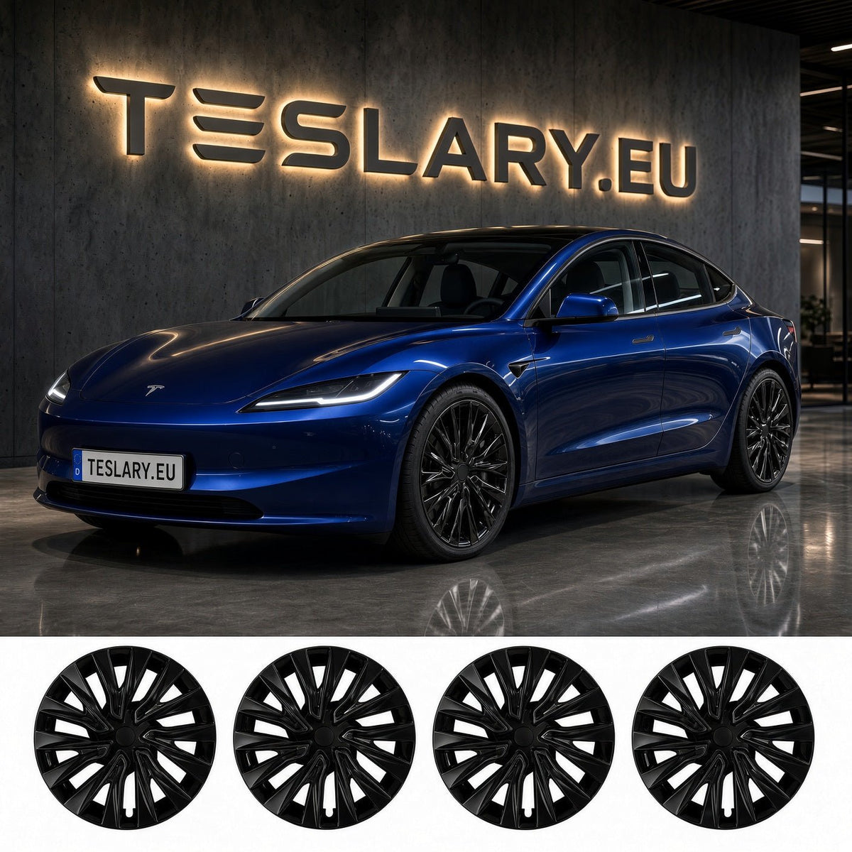 A blue Tesla Model S shown in a showroom with a large illuminated TESLARY.EU sign on the wall, plus four black multi-spoke wheel covers displayed along the bottom. TESLA MODEL 3 HIGHLAND 18 INCH WHEEL COVERS UBER NOVA PERFORMANCE STYLE GLOSS BLACK FREE DELIVERY WITH FEDEX ACROSS EUROPE FROM IRELAND AND EUROPES TESLARY.EU THE TESLA ACCESSORIES SPECIALISTS