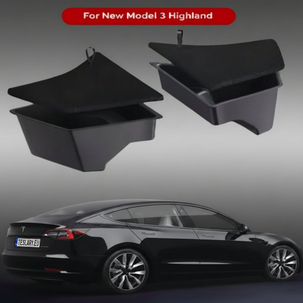 Tesla Model 3 Highland Rear Trunk Organiser Side Pockets with Lids ( 2 ) - TESLARY Tesla Shop Accessories Europe Nederlands Dublin Cork Ireland Deutschland Espana Alicante France Italia