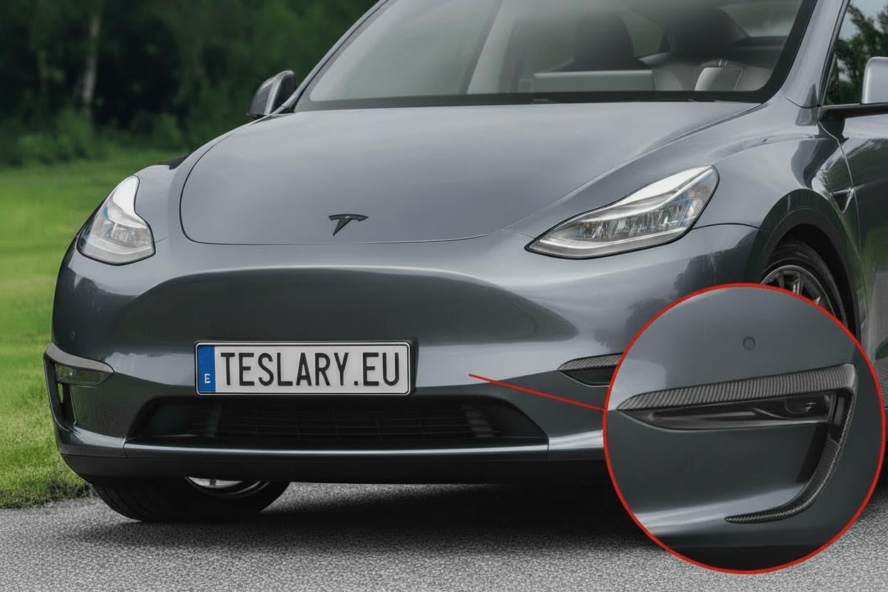 Gray electric car with 'TESLARY.EU' license plate on a road.