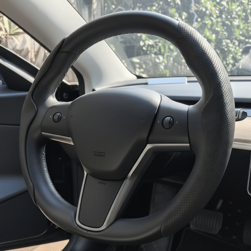 Black PU Leather Breathable Steering Wheel Covers for the Tesla Model 3 Y Juniper Standard Premium Highland Buy From Europes TESLARY.EU