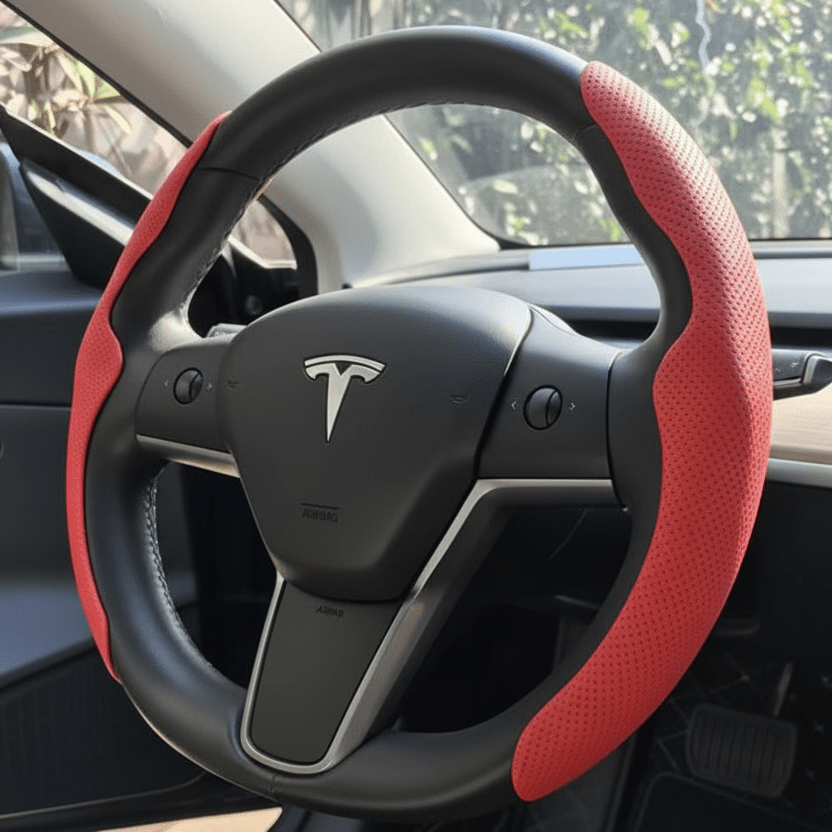 Red Leather Steering Wheel Cover for the Tesla Model 3 Y Highland Juniper Buy from Europes TESLARY.EU