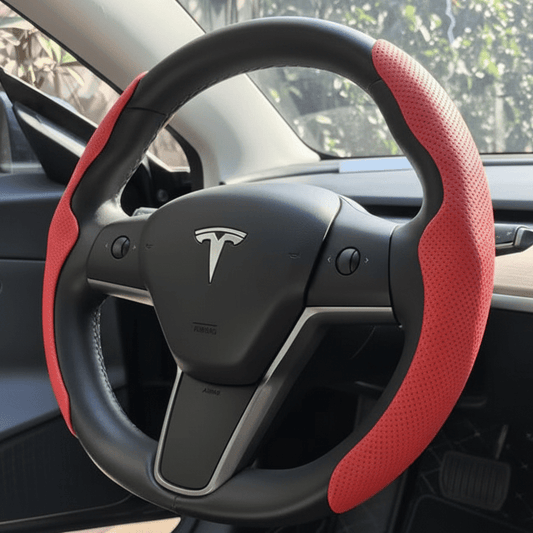 Red Leather Steering Wheel Cover for the Tesla Model 3 Y Highland Juniper Buy from Europes TESLARY.EU
