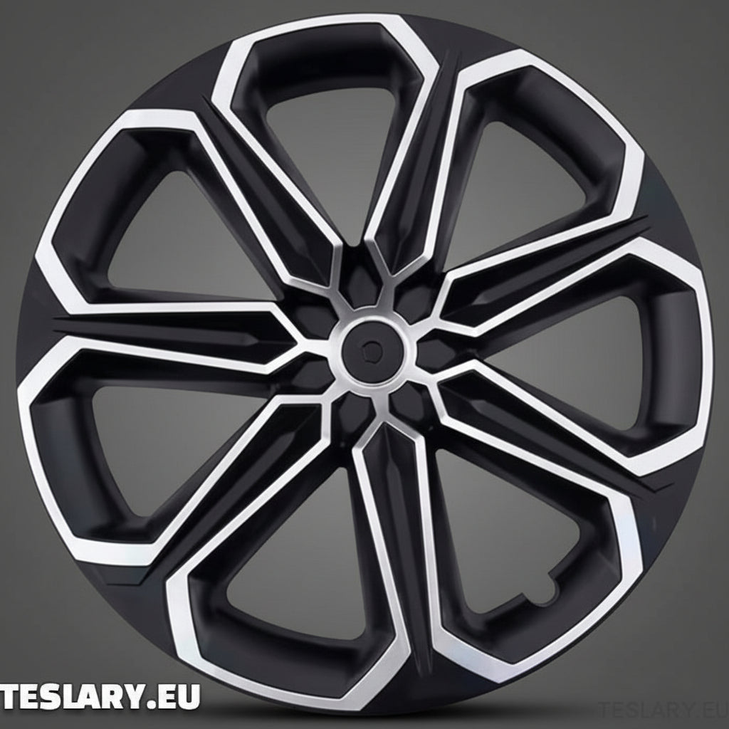 TESLA MODEL Y 19" UNIQUE S14 FULL COVER WHEEL HUBS BLACK & SILVER - TESLARY Tesla Shop Accessories Europe Nederlands Dublin Cork Ireland Deutschland Espana Alicante France Italia