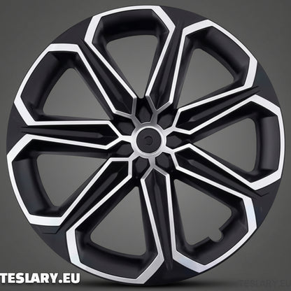 TESLA MODEL Y 19" UNIQUE S14 FULL COVER WHEEL HUBS BLACK & SILVER - TESLARY Tesla Shop Accessories Europe Nederlands Dublin Cork Ireland Deutschland Espana Alicante France Italia
