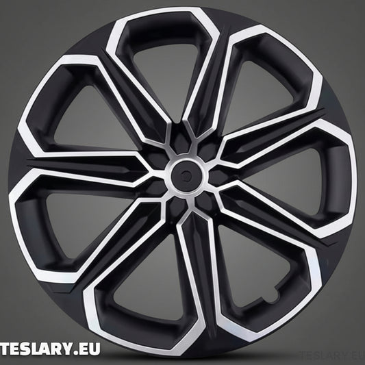 TESLA MODEL Y 19" UNIQUE S14 FULL COVER WHEEL HUBS BLACK & SILVER - TESLARY Tesla Shop Accessories Europe Nederlands Dublin Cork Ireland Deutschland Espana Alicante France Italia