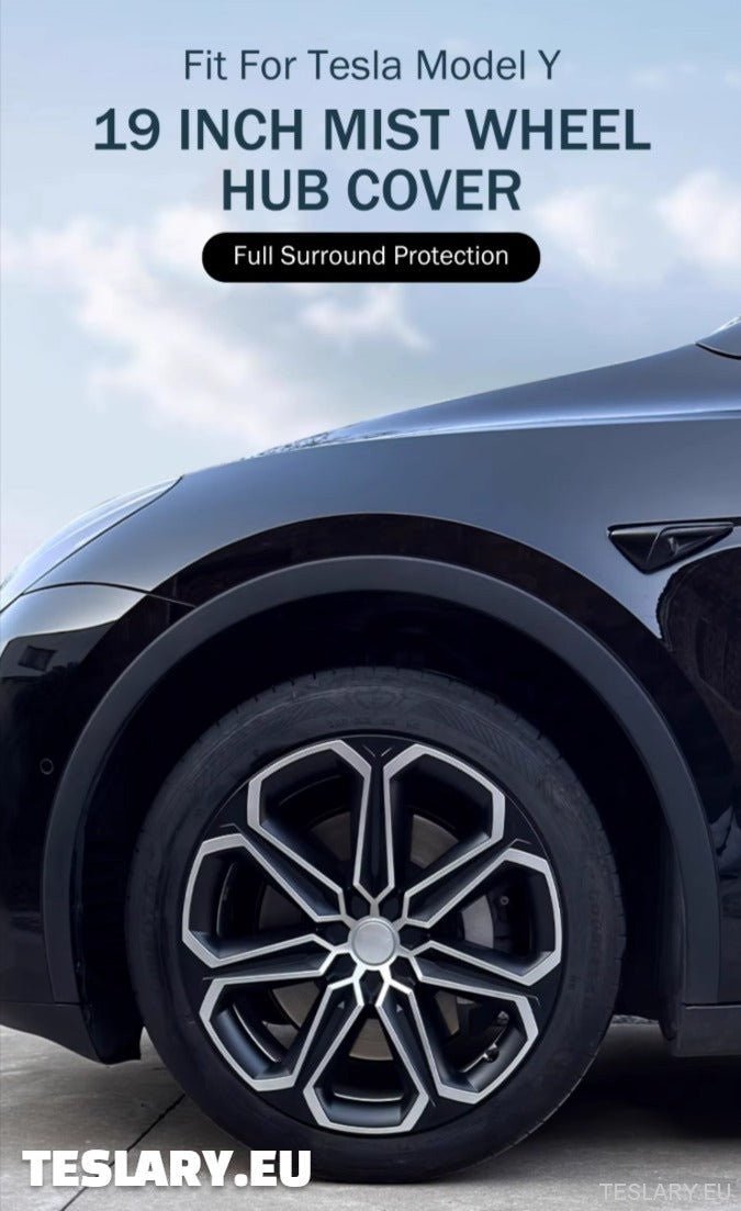 TESLA MODEL Y 19" UNIQUE S14 FULL COVER WHEEL HUBS BLACK & SILVER - TESLARY Tesla Shop Accessories Europe Nederlands Dublin Cork Ireland Deutschland Espana Alicante France Italia