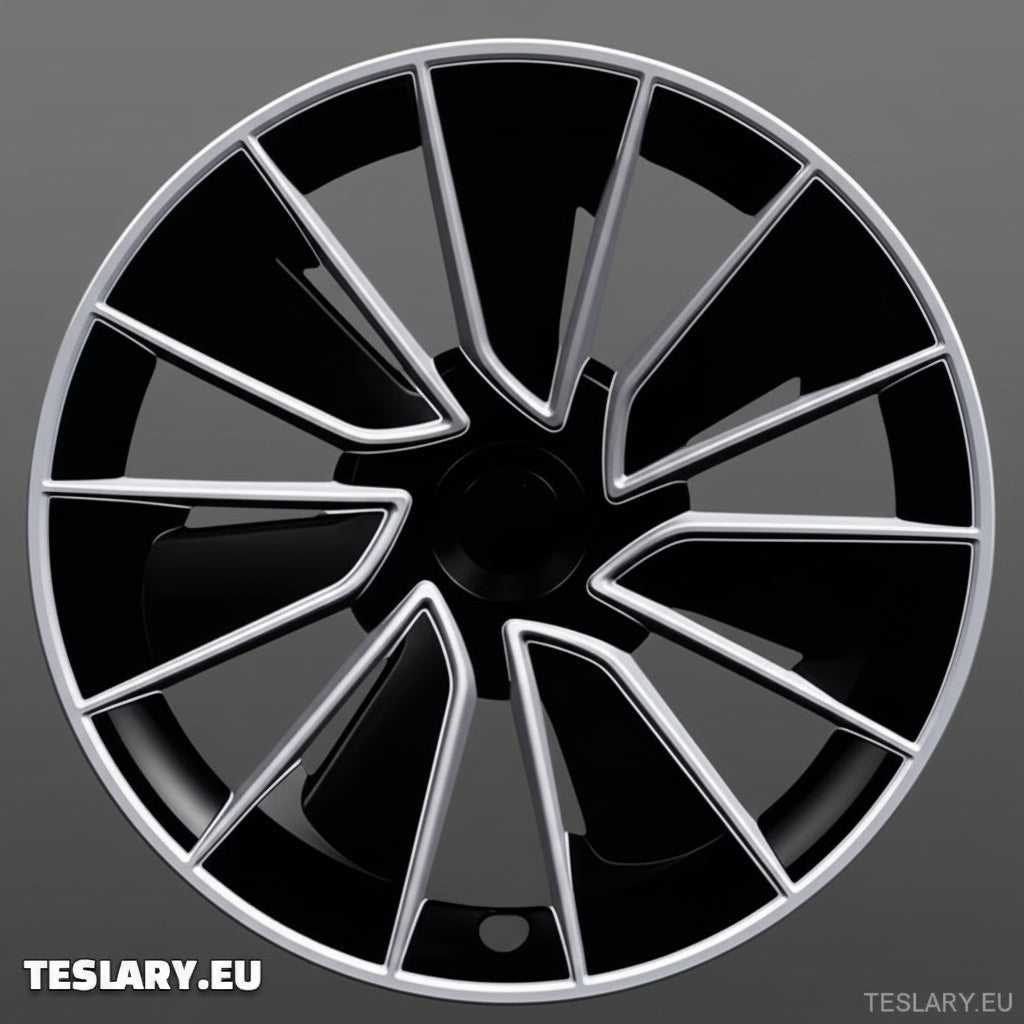 TESLA MODEL Y 19" UNIQUE S15 FULL COVER WHEEL HUBS BLACK & SILVER - TESLARY Tesla Shop Accessories Europe Nederlands Dublin Cork Ireland Deutschland Espana Alicante France Italia