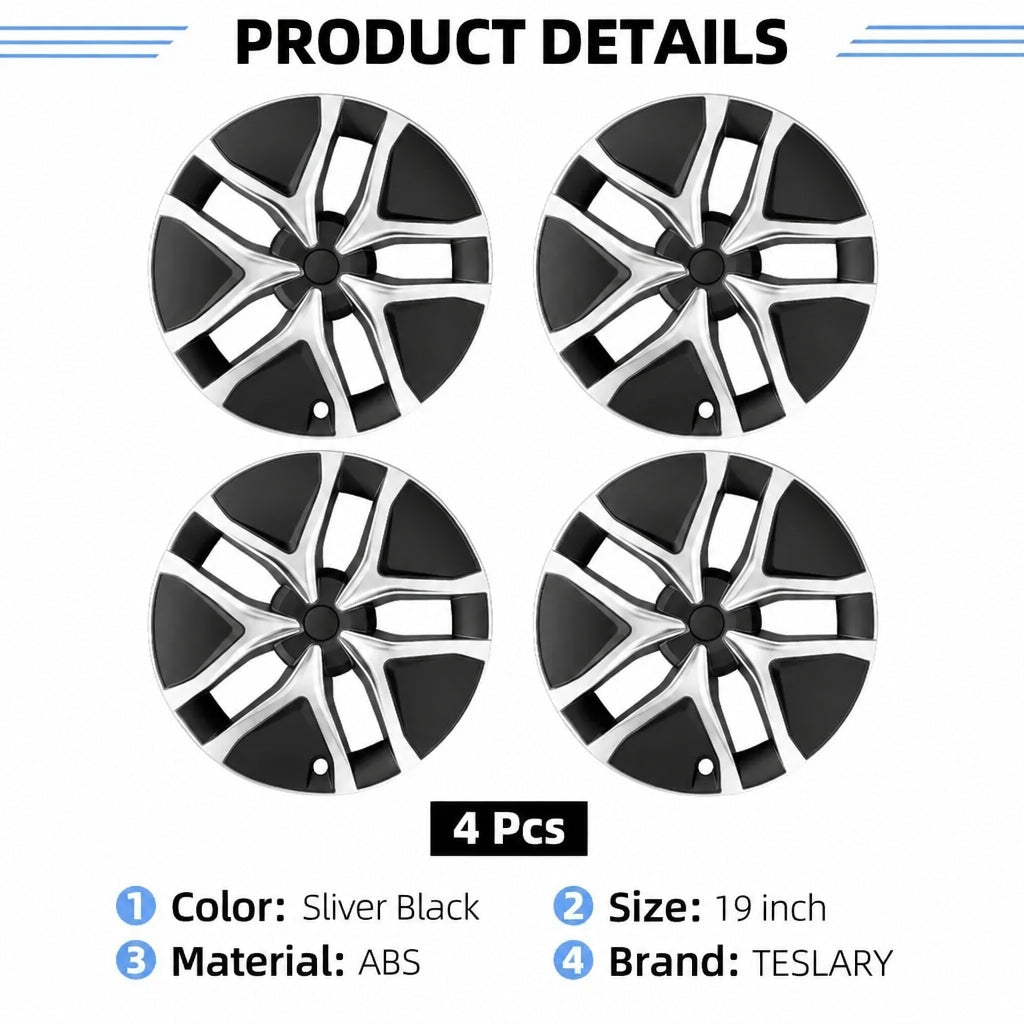 Four silver and black 19-inch wheel hub covers arranged in a 2x2 grid on a white background, with 'PRODUCT DETAILS' text and specifications below including color, size, material, and brand MOTENIO.