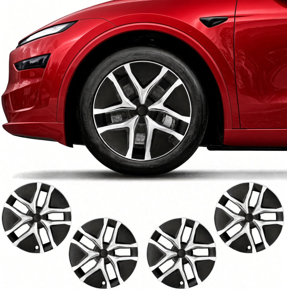 Four black and silver multi-spoke wheel covers shown below a red car wheel on a white background, indicating these are replacement tire wheel covers. TESLA_MODEL_JUNIPER_19_WHEEL_PERFORMANCE_PREMIUM_ARACHNID_BUY_FROM_THE_TESLA_ACCESSORIES_SPECIALISTS_WITH_FREE_DELIVERY_ACROSS_EUROPE_TESLARY.EU_TESLARY.PT_TESLARY.ES