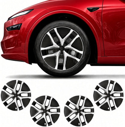 Four black and silver multi-spoke wheel covers shown below a red car wheel on a white background, indicating these are replacement tire wheel covers. TESLA_MODEL_JUNIPER_19_WHEEL_PERFORMANCE_PREMIUM_ARACHNID_BUY_FROM_THE_TESLA_ACCESSORIES_SPECIALISTS_WITH_FREE_DELIVERY_ACROSS_EUROPE_TESLARY.EU_TESLARY.PT_TESLARY.ES