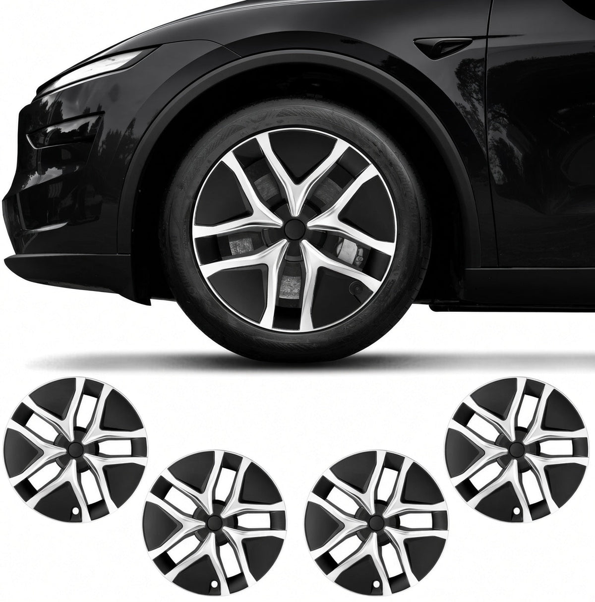 Four black and silver multi-spoke wheel covers shown below a black car wheel on a white background. TESLA_MODEL_JUNIPER_19_WHEEL_PERFORMANCE_PREMIUM_ARACHNID_BUY_FROM_THE_TESLA_ACCESSORIES_SPECIALISTS_WITH_FREE_DELIVERY_ACROSS_EUROPE_TESLARY.EU_TESLARY.PT_TESLARY.ES