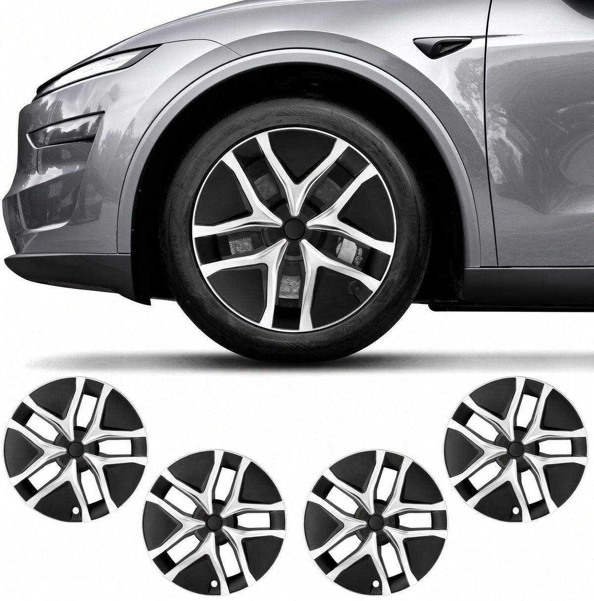 Four black and silver multi-spoke wheel covers shown below a cropped side view of a gray SUV wheel, on a white background. TESLA_MODEL_JUNIPER_19_WHEEL_PERFORMANCE_PREMIUM_ARACHNID_BUY_FROM_THE_TESLA_ACCESSORIES_SPECIALISTS_WITH_FREE_DELIVERY_ACROSS_EUROPE_TESLARY.EU_TESLARY.PT_TESLARY.ES