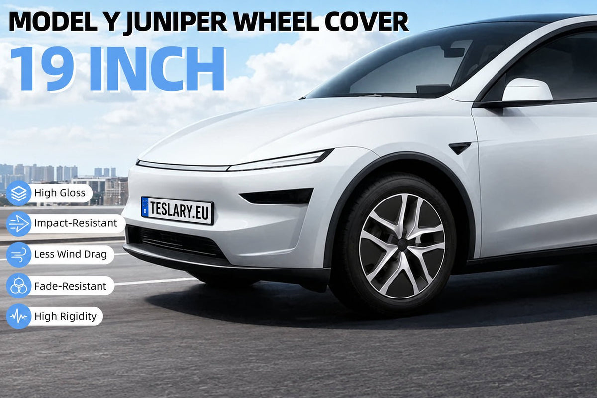 A white Model Y Juniper wheel cover shown on a car, with large text reading '19 INCH' and feature callouts on the left. The product being sold is the wheel cover, not the car, so this is best classified as Product/Packaging rather than Lifestyle or auxiliary content.