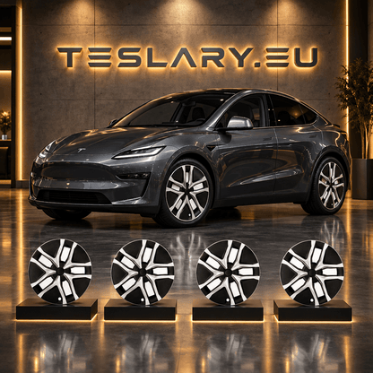 Tesla Model Y+ Juniper Arachnid Style Black & Silver 19" Wheel Covers - TESLARY Buy Tesla Shop Accessories Europe Nederlands Dublin Cork Ireland Deutschland Espana Iceland Finland France Italia