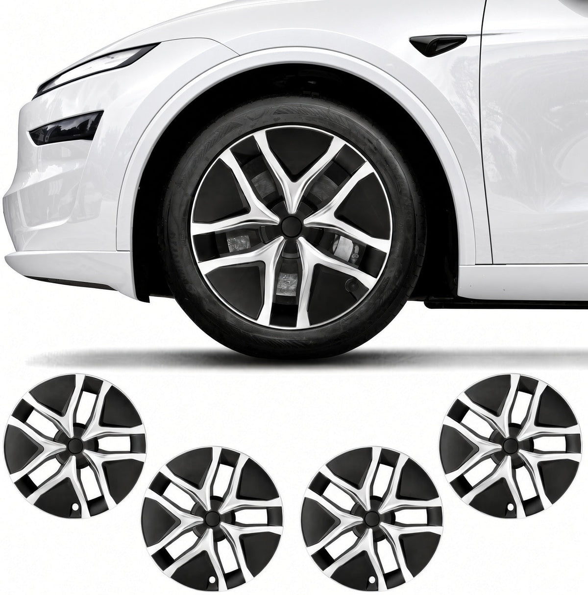Black and silver multi-spoke wheel covers shown installed on a white car wheel, with four additional views of the covers arranged below on a white background. TESLA_MODEL_JUNIPER_19_WHEEL_PERFORMANCE_PREMIUM_ARACHNID_BUY_FROM_THE_TESLA_ACCESSORIES_SPECIALISTS_WITH_FREE_DELIVERY_ACROSS_EUROPE_TESLARY.EU_TESLARY.PT_TESLARY.ES
