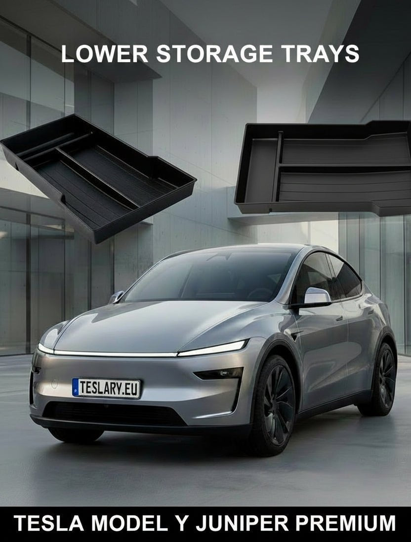 Two black Tesla Model Y and Juniper premium lower storage trays are shown floating above a silver Tesla Model Y in a modern glass-walled garage setting, with the text 'TESLA MODEL Y JUNIPER PREMIUM LOWER STORAGE TRAYS' at the top.