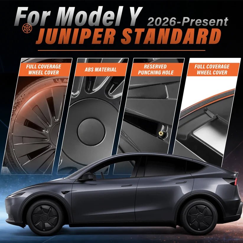 Promotional graphic for a wheel cover product for Model Y / 2026-present Juniper Standard, showing a dark gray sedan and four close-up inset panels highlighting full coverage wheel covers, ABS material, and a reserved punching hole. TESLA_MODEL_Y_18_INCH_RWD_STANDARD_WHEEL_COVERS_2026_BUY_FROM_IRELAND_AND_EUROPES_TESLARY.EU_WITH_FREE_DELIVERY_ACROSS_EUROPE_WITH_FEDEX_TESLARY.EU_TESLARY.IE_TESLARY.FI_TESLARY.PT_TESLARY.IT