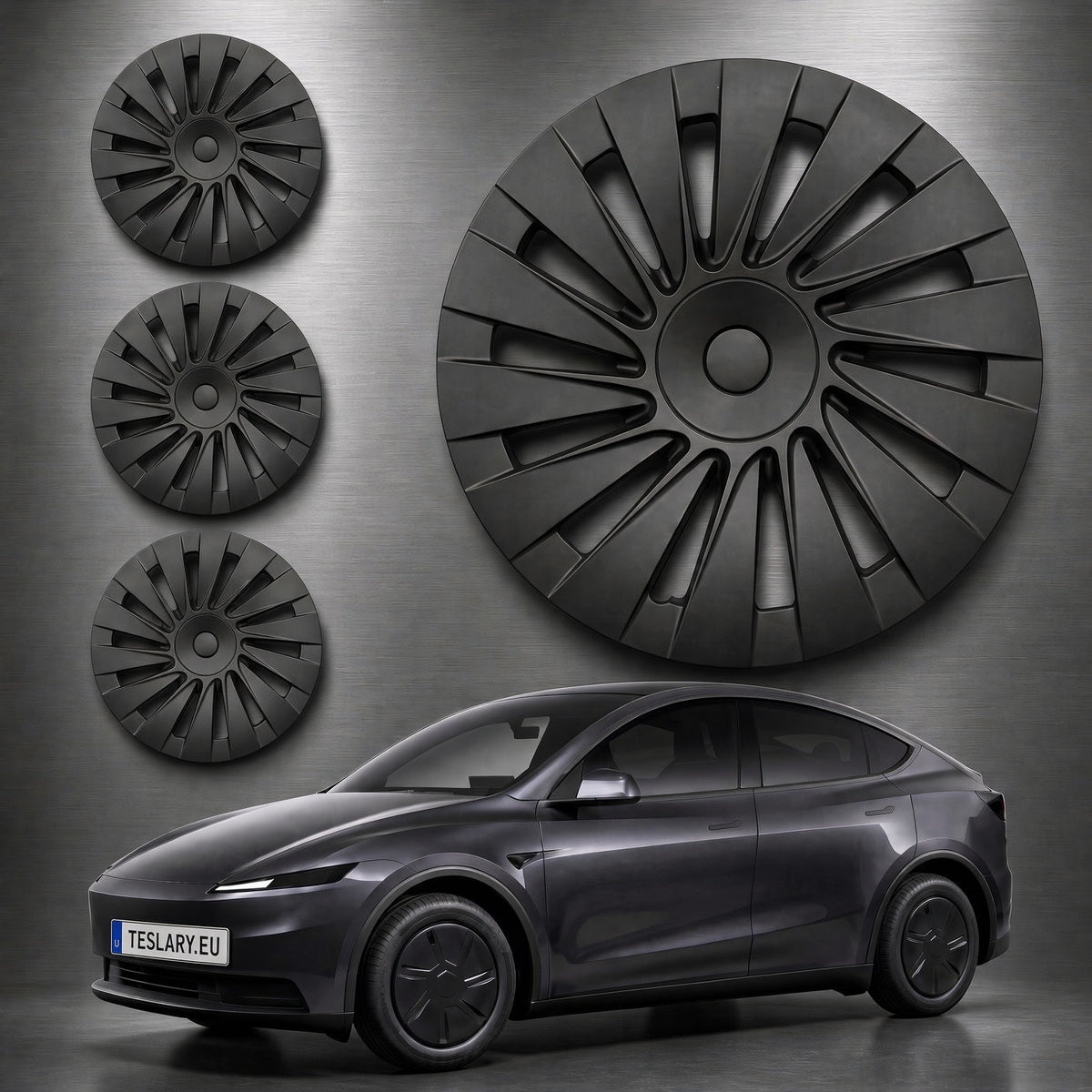 A dark gray Tesla Model Y shown with black wheel covers mounted on the wheels, set against a brushed metal background with three smaller views of the wheel covers. TESLA_MODEL_Y_18_INCH_RWD_STANDARD_WHEEL_COVERS_2026_BUY_FROM_IRELAND_AND_EUROPES_TESLARY.EU_WITH_FREE_DELIVERY_ACROSS_EUROPE_WITH_FEDEX
